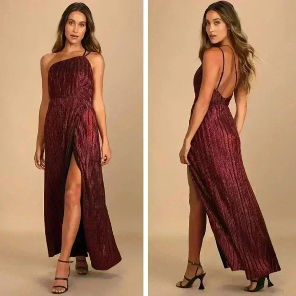 NEW Lulus Get to the Groove Shiny Red Pleated One-Shoulder Maxi Dress Wedding - Picture 1 of 10